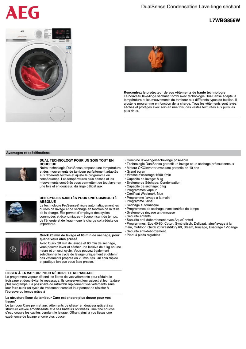 Página 1 del manual Ficha técnica AEG L7WBG856W