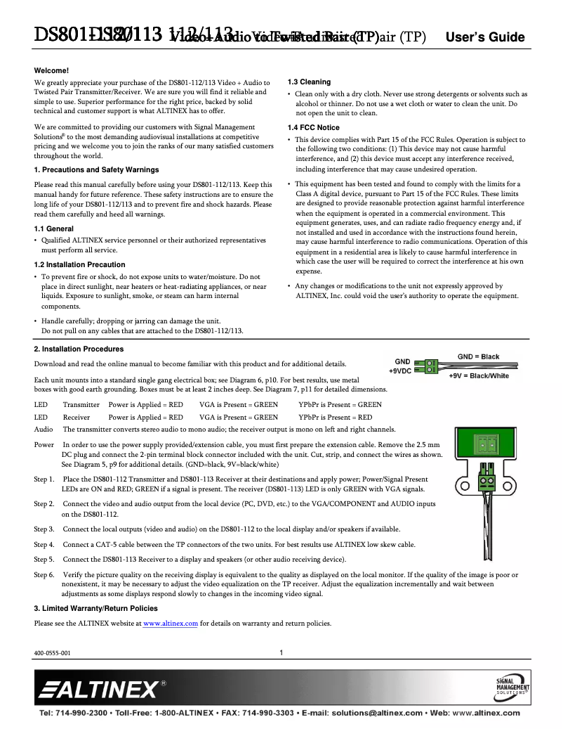 Page 1 de la notice Manuel utilisateur Altinex DS801-113