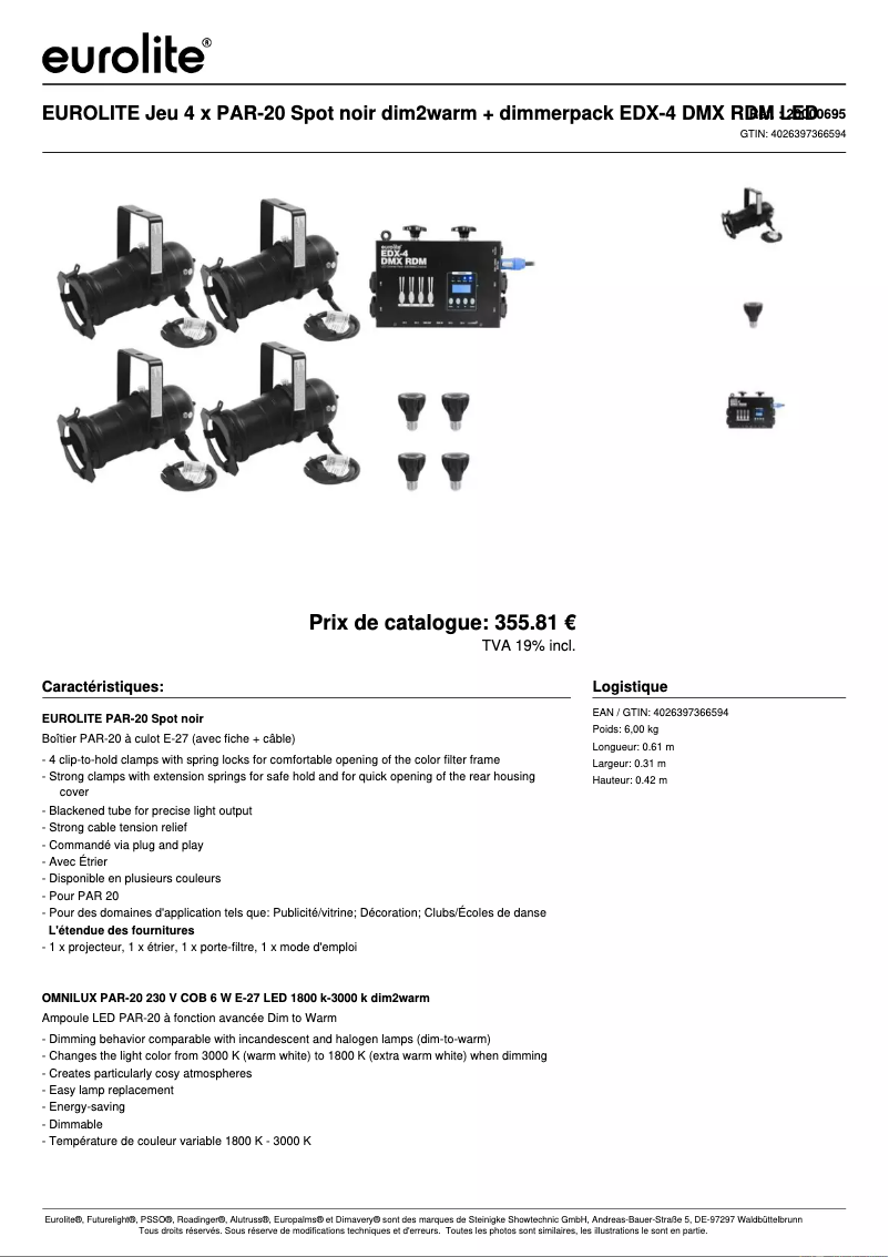 Page 1 de la notice Fiche technique Eurolite LED PAR-20