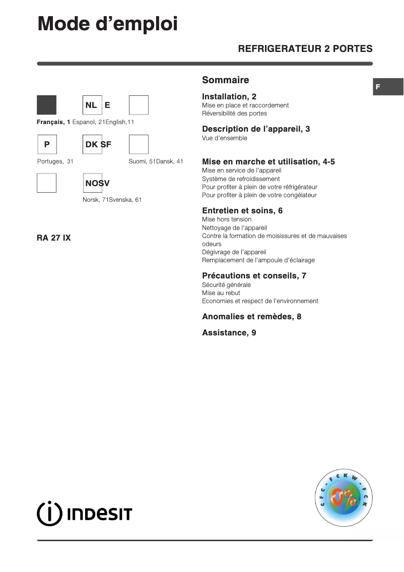 Page 1 de la notice Manuel utilisateur Indesit RA 27