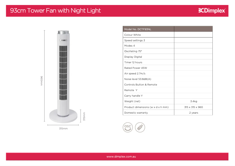 Page 1 de la notice Fiche technique Dimplex DCTF93NL
