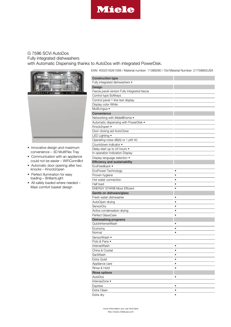 Page 1 de la notice Fiche technique Miele G 7596 SCVi AutoDos