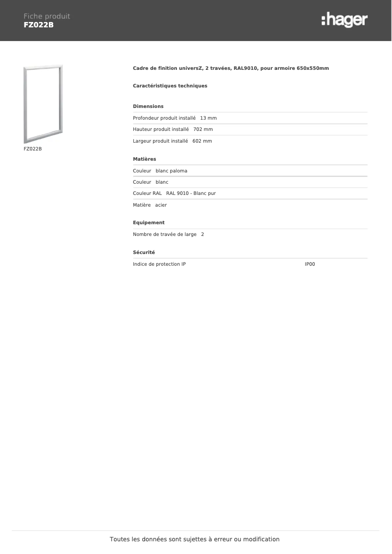 Page n°1 - Fiche technique Hager FZ022B