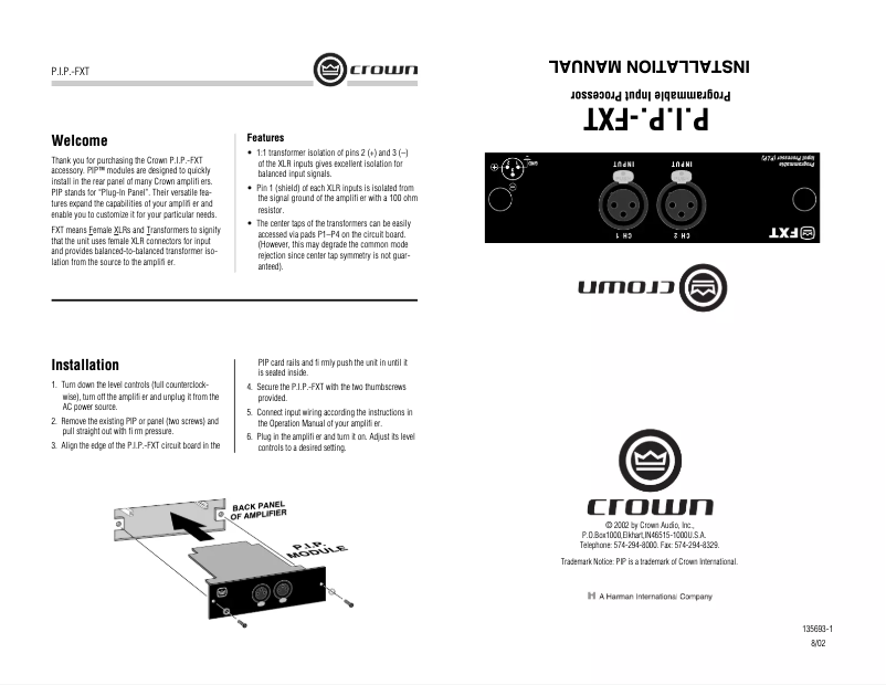 Image de la première page du manuel de l'appareil P.I.P.-FXT