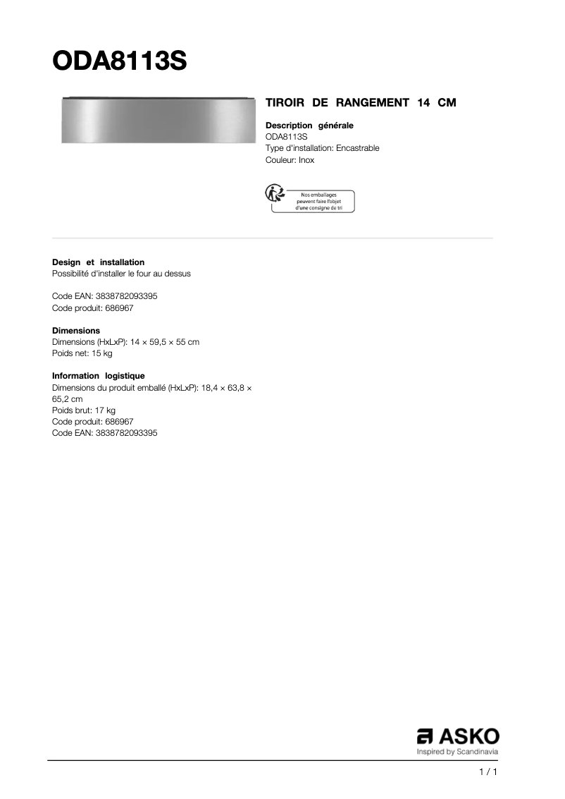 Page 1 de la notice Fiche technique Asko ODA8113S