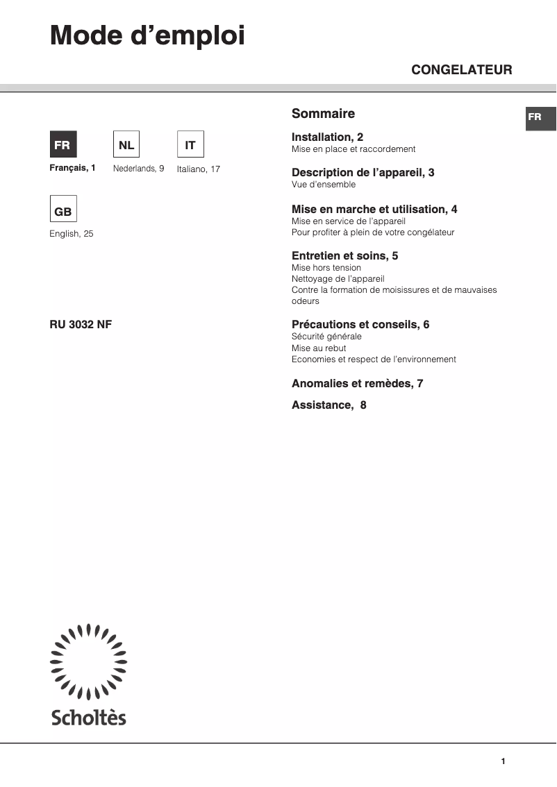 Page n°1 - Manuel utilisateur Scholtès RU 3032 NF