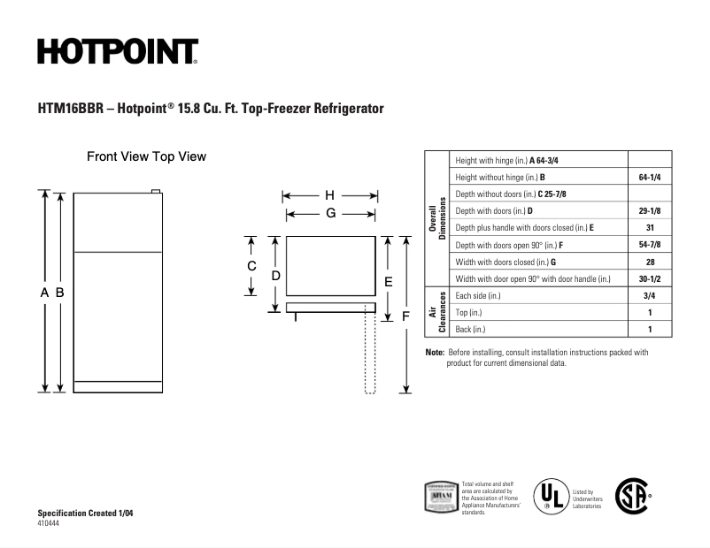 Page 1 de la notice Fiche technique Hotpoint HTM16BBRSA