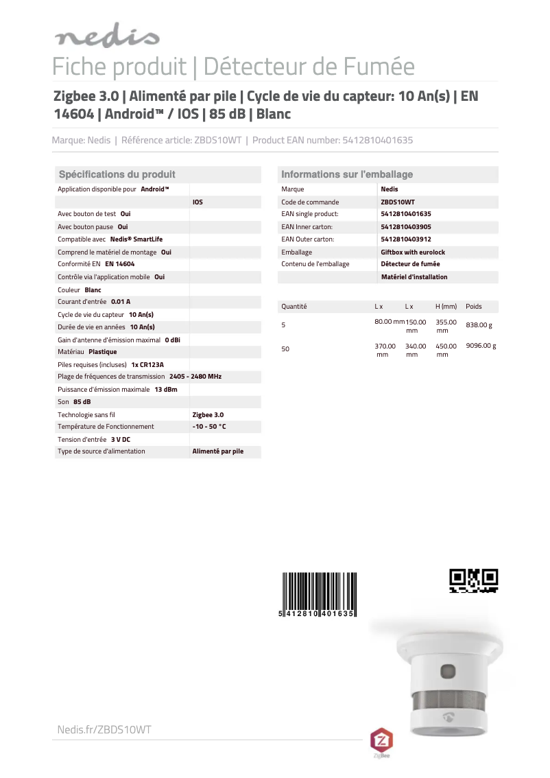 Page 1 de la notice Manuel utilisateur Nedis ZBDS10WT