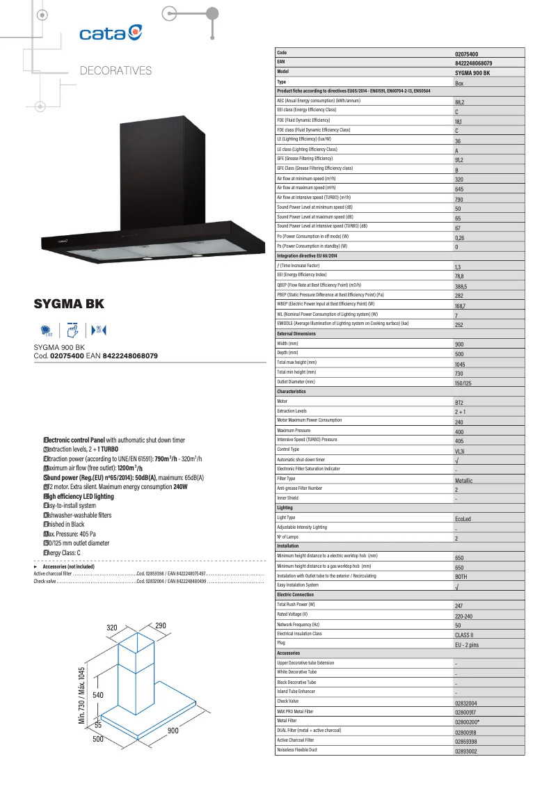 Page 1 de la notice Fiche technique CATA Sygma 900 BK