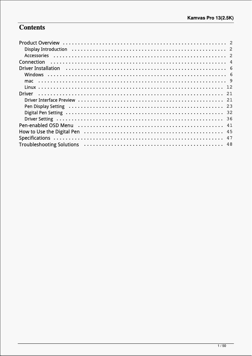 First page image of the manual for Kamvas Pro 13