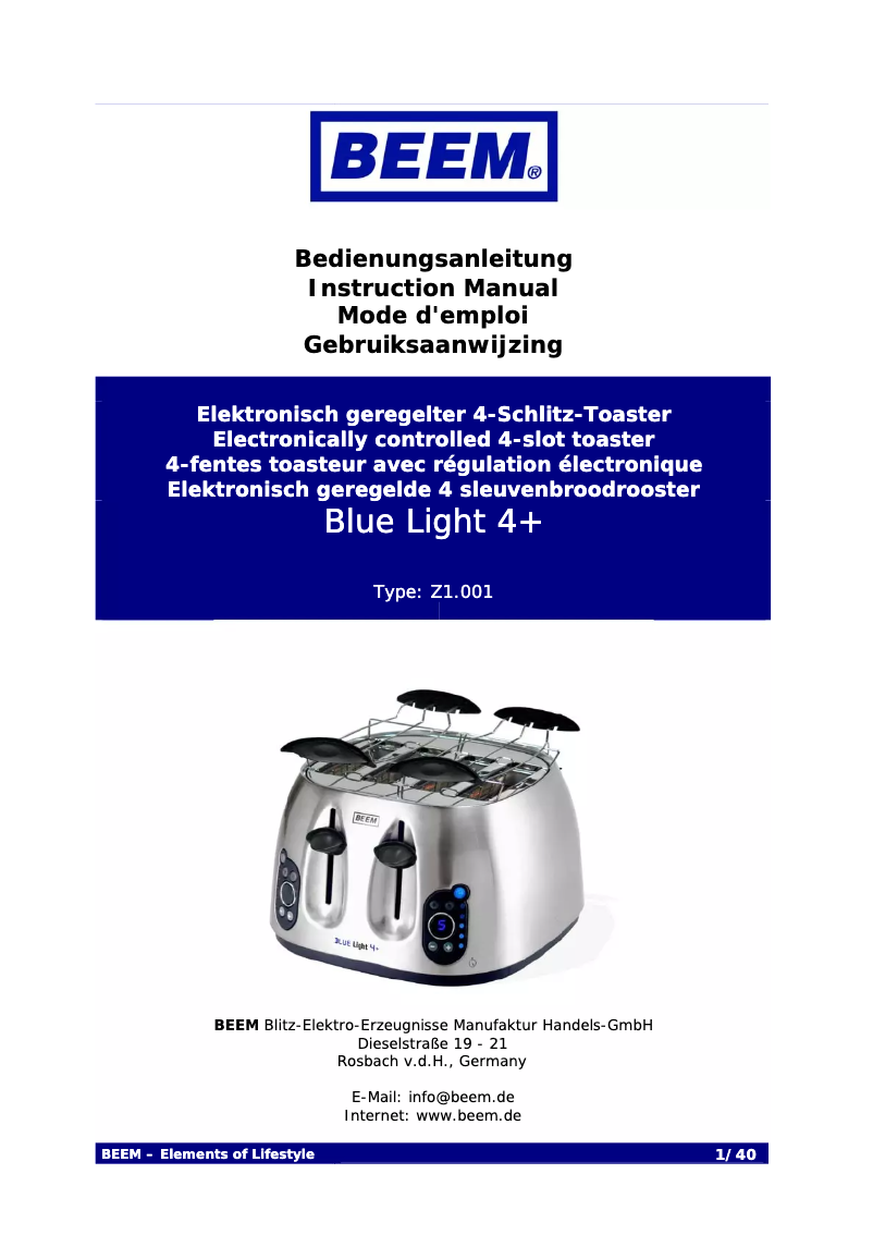 Page 1 de la notice Manuel utilisateur BEEM Blue Light 4+ Z1.001