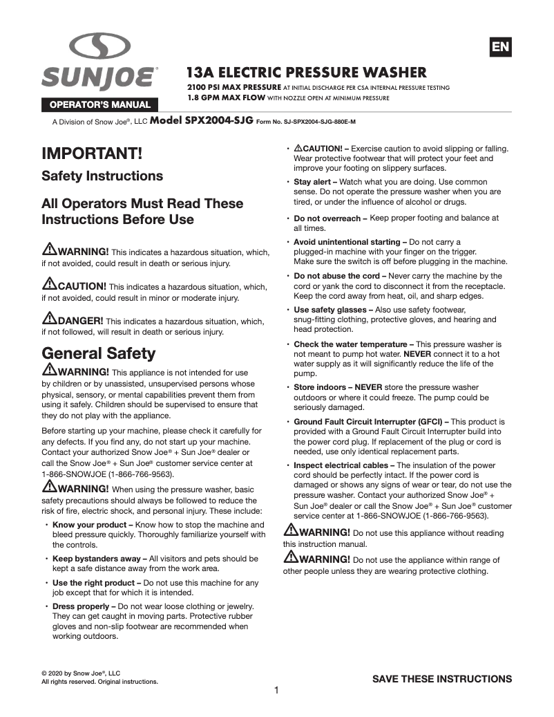 Page n°1 - Manuel utilisateur Sun Joe SPX2004-SJG