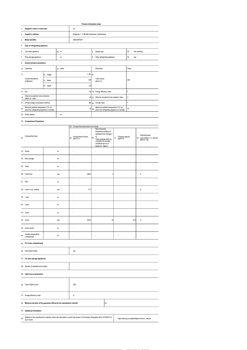 Page 1 de la notice Fiche technique LG GML844PZ6F