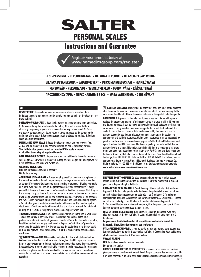 Page n°1 - Manuel utilisateur Salter 9209 GLKA3R