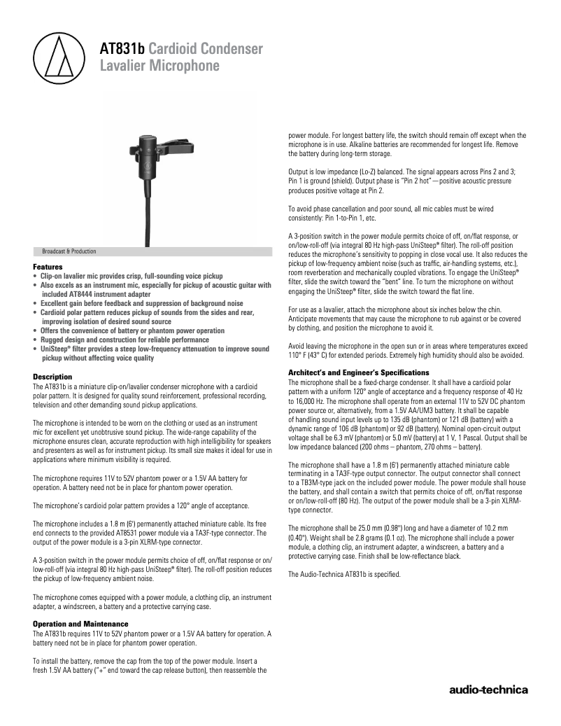 Page 1 de la notice Fiche technique Audio-Technica AT831b
