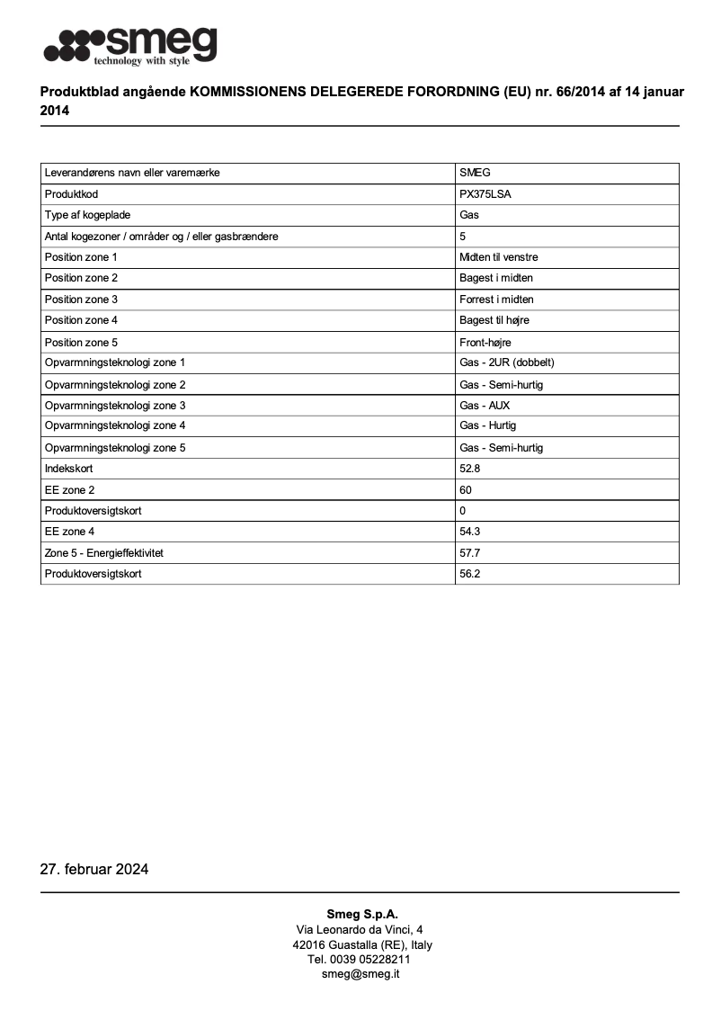 Page n°1 - Fiche technique Smeg PX375LSA