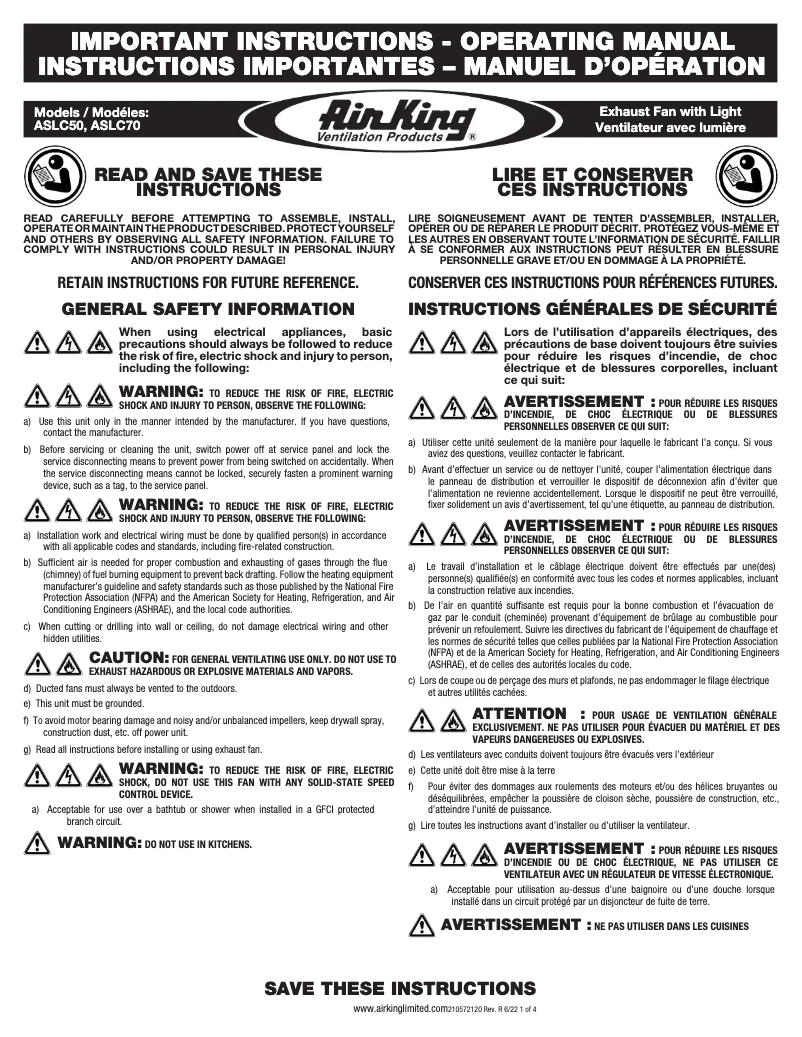 Page 1 de la notice Instructions / montage Air King ASLC50