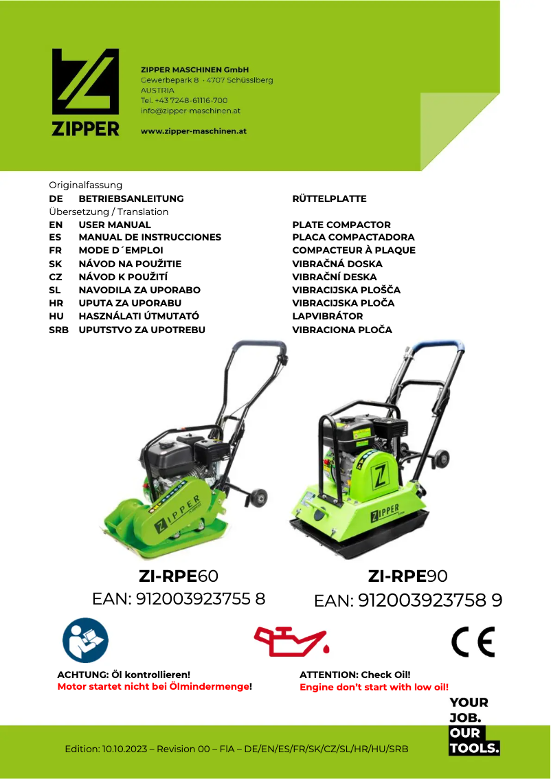 Page 1 de la notice Manuel utilisateur Zipper ZI-RPE60