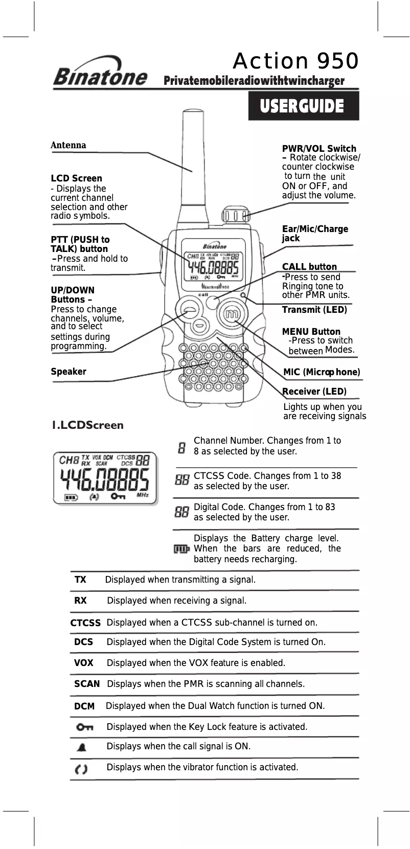 Page 1 de la notice Manuel utilisateur Binatone Action 950