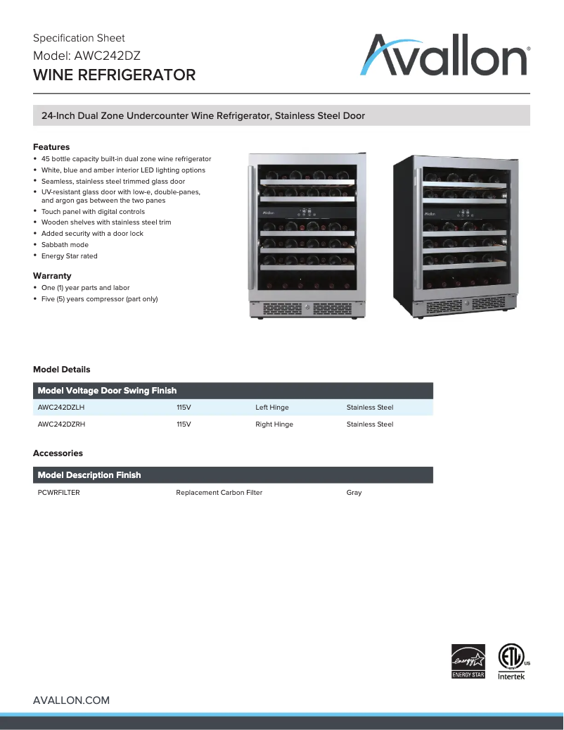 Page 1 de la notice Fiche technique Avallon COM AWC242DBLSS