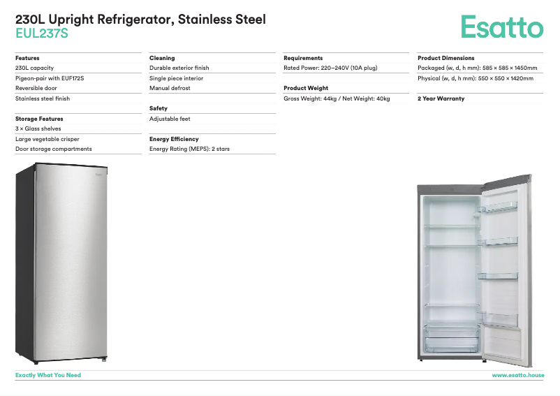 Page 1 de la notice Fiche technique Esatto ETM239S