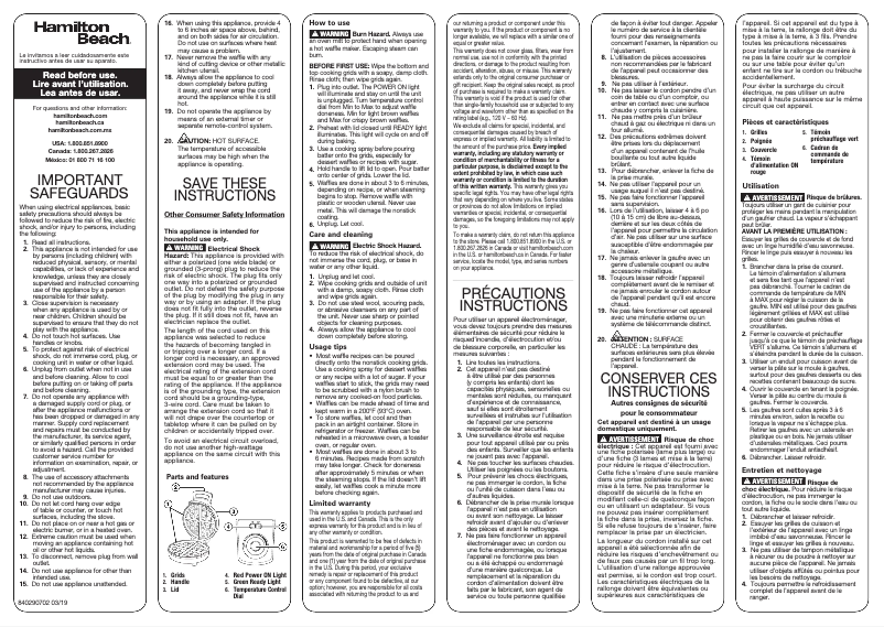 Page 1 de la notice Manuel utilisateur Hamilton Beach 26081