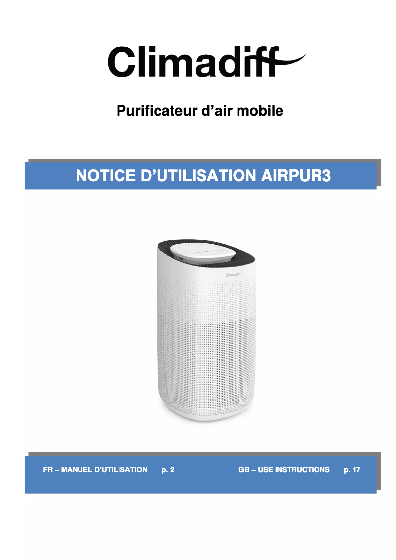 Page 1 de la notice Manuel utilisateur Climadiff AIRPUR3