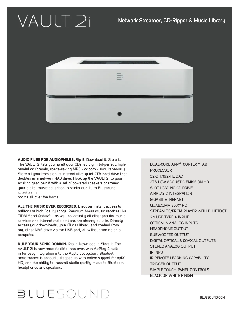 Page 1 de la notice Fiche technique Bluesound Vault 2i
