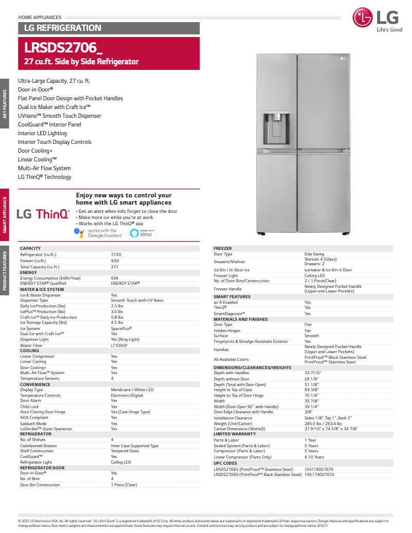 Page 1 de la notice Fiche technique LG LRSDS2706D