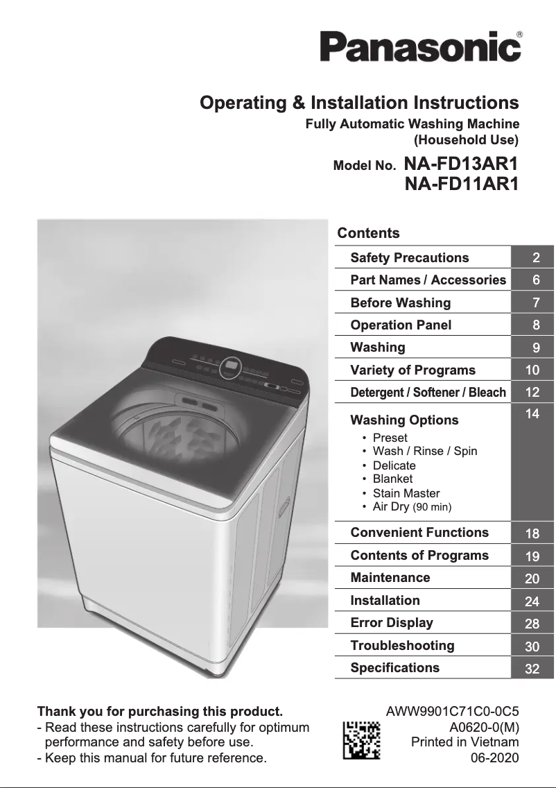 Page 1 de la notice Manuel utilisateur Panasonic NA-FD11AR1