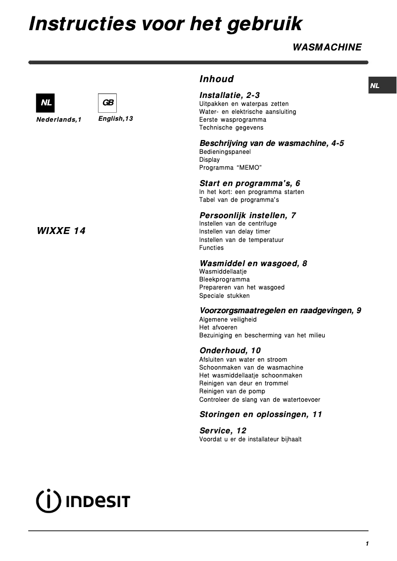 Page 1 de la notice Manuel utilisateur Indesit WIXXE 14