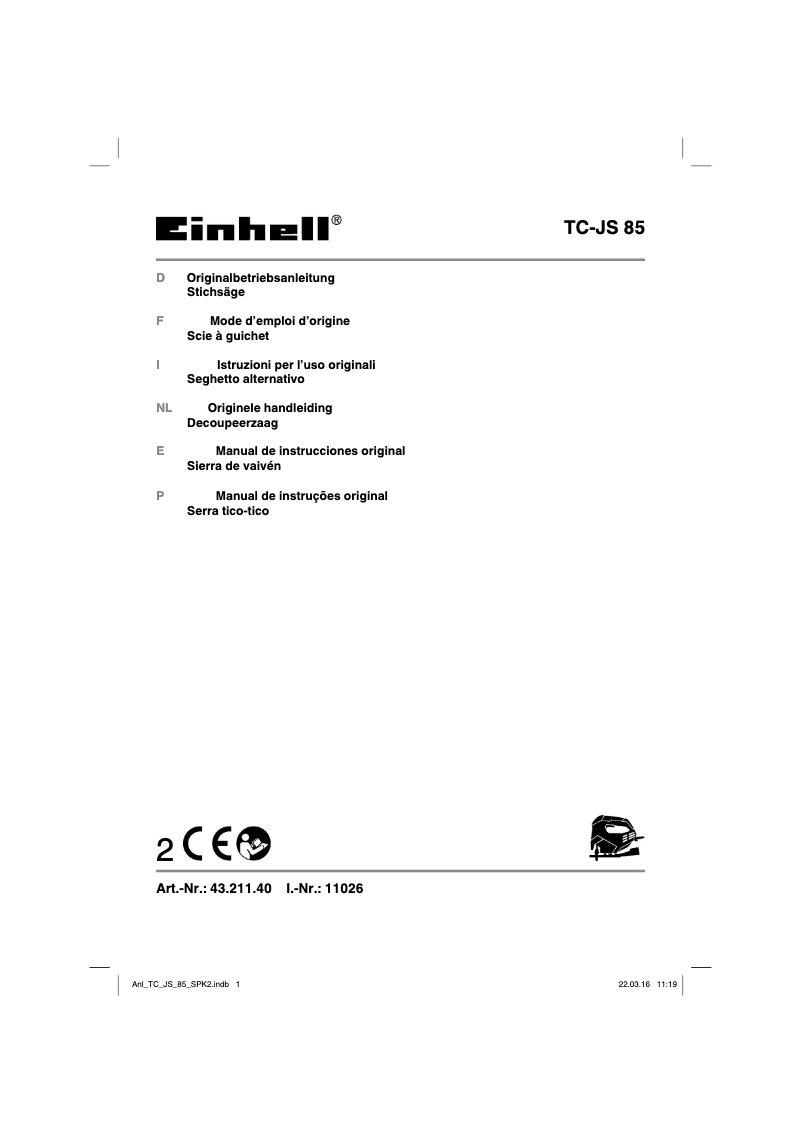 Page 1 de la notice Manuel utilisateur Einhell TH-JS 85