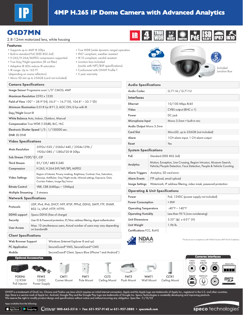 Page n°1 - Fiche technique Speco Technologies O4D7MN