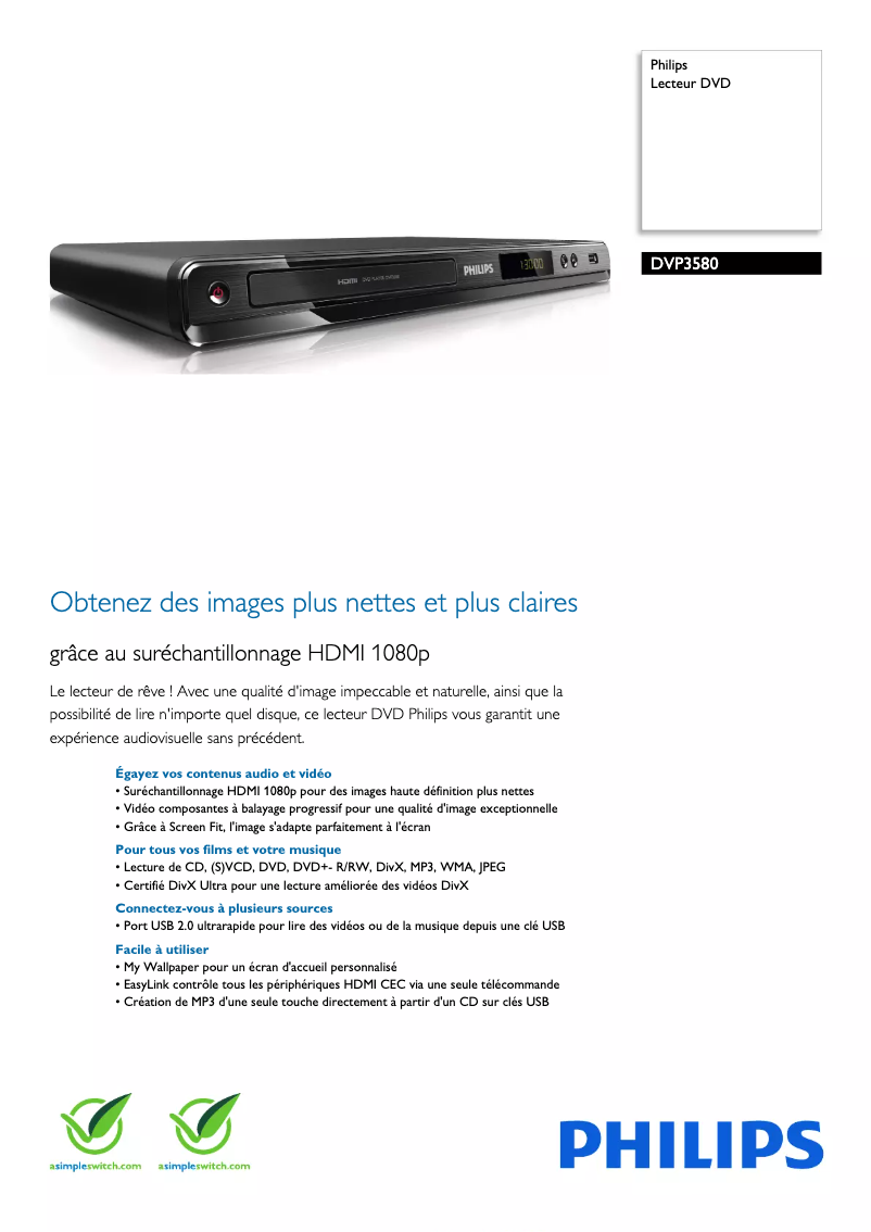 Page 1 de la notice Fiche technique Philips DVP3580
