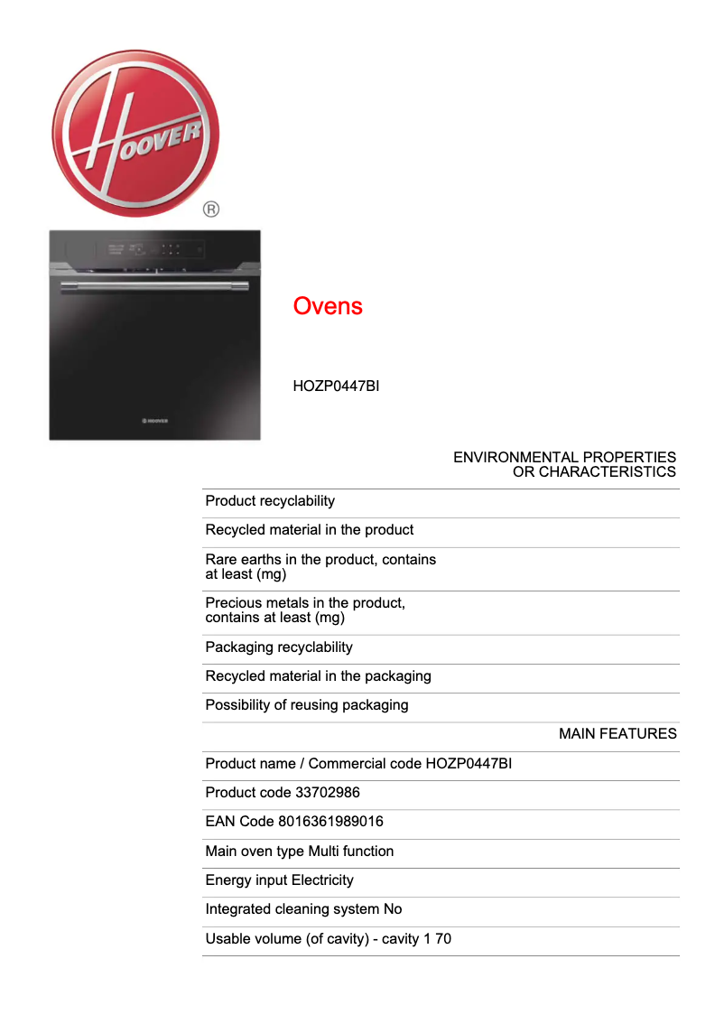 Page n°1 - Fiche technique Hoover H-OVEN STEAM 700 PLUS HOZP0447BI