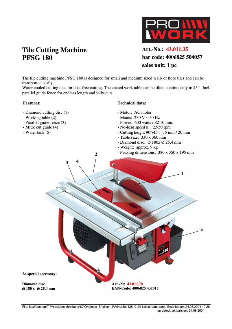 Page n°1 - Fiche technique Prowork PFSG 180