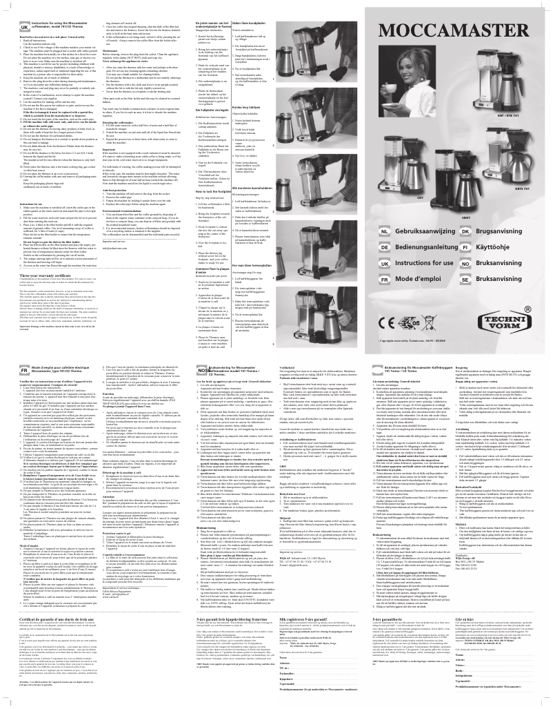 Page 1 of the manual User Manual Technivorm Moccamaster CDKT