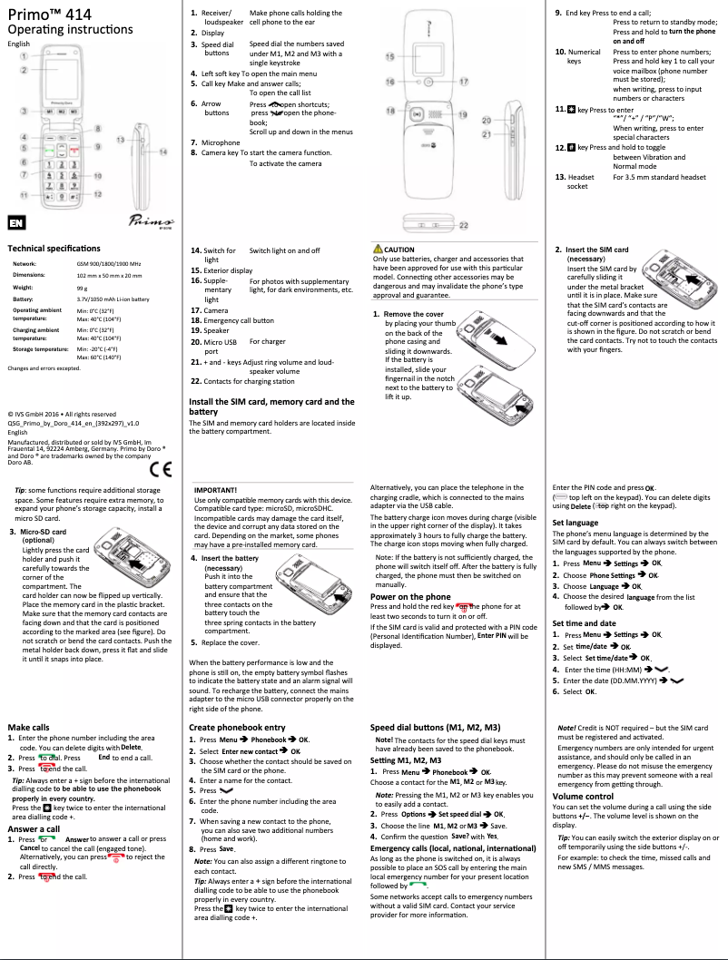 Page 1 de la notice Manuel utilisateur Doro Primo 414