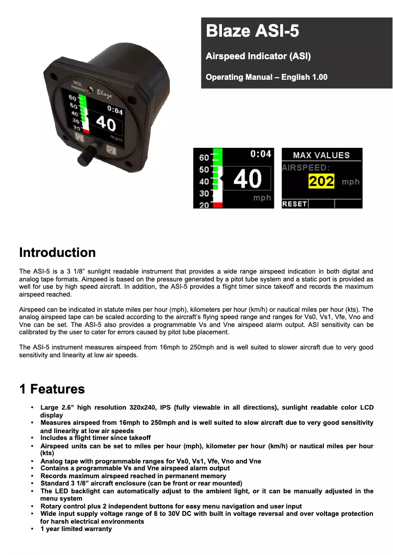 Page n°1 - Manuel utilisateur MGL Avionics Blaze ASI-5