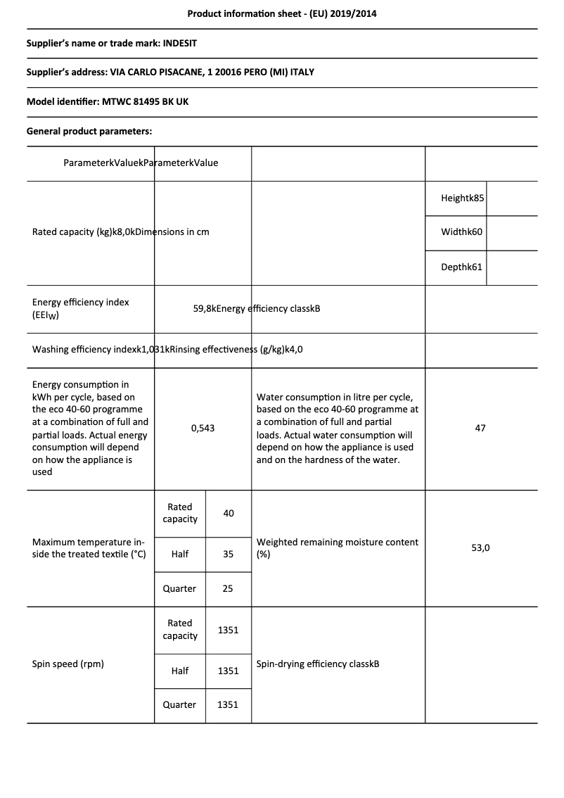 Page n°1 - Fiche technique Indesit MTWC 81495 BK UK
