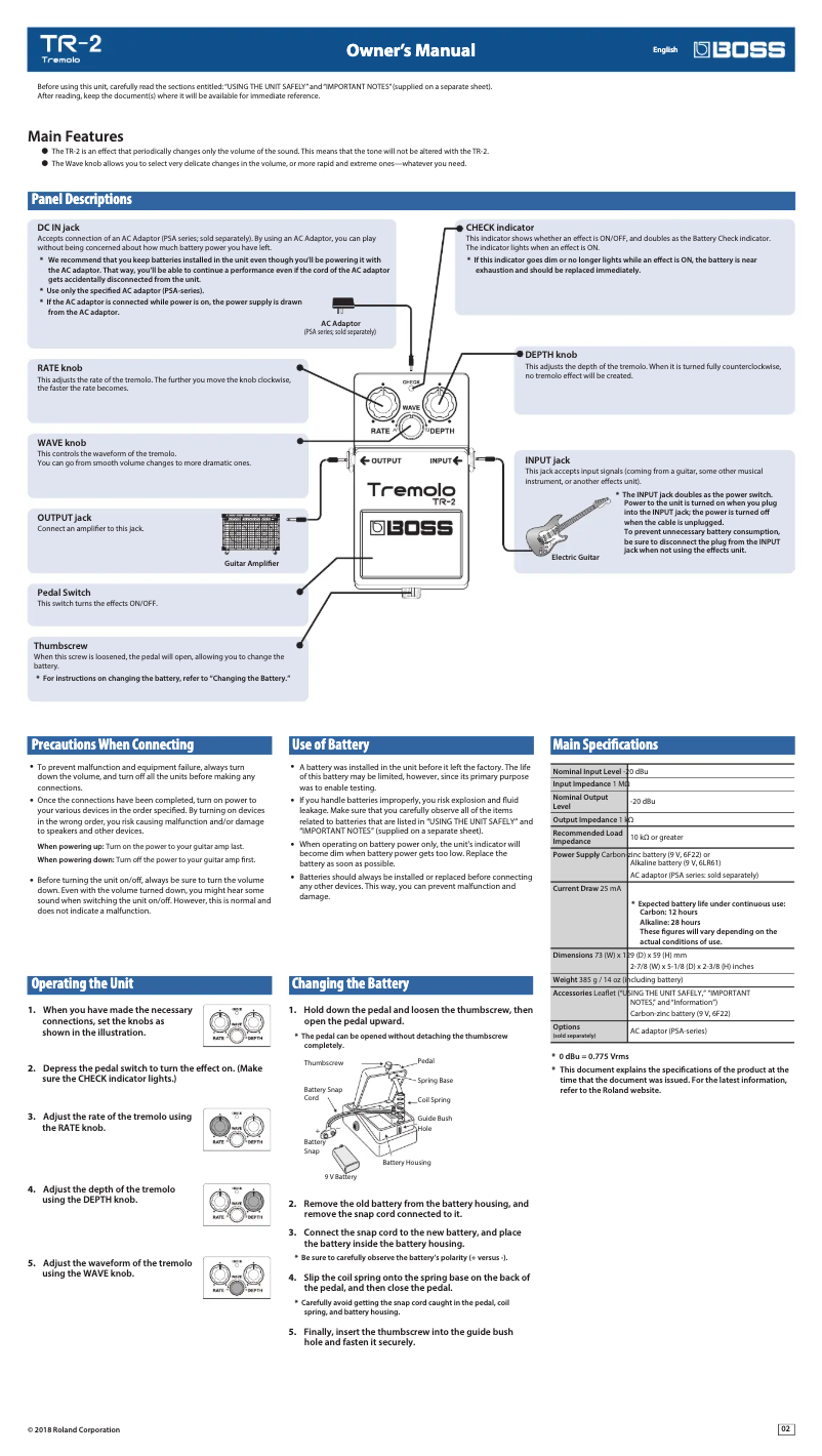 Page n°1 - Manuel utilisateur Boss Tremolo TR-2