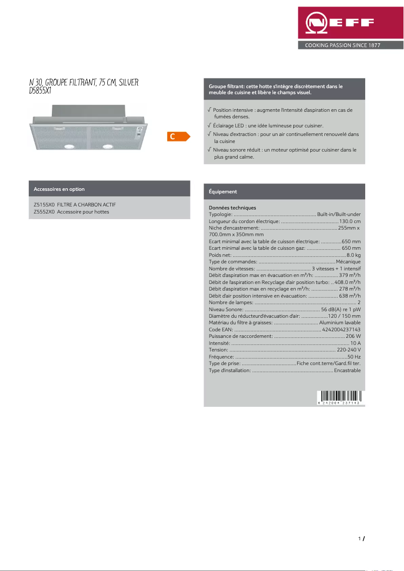 Page 1 de la notice Fiche technique Neff D5855X1