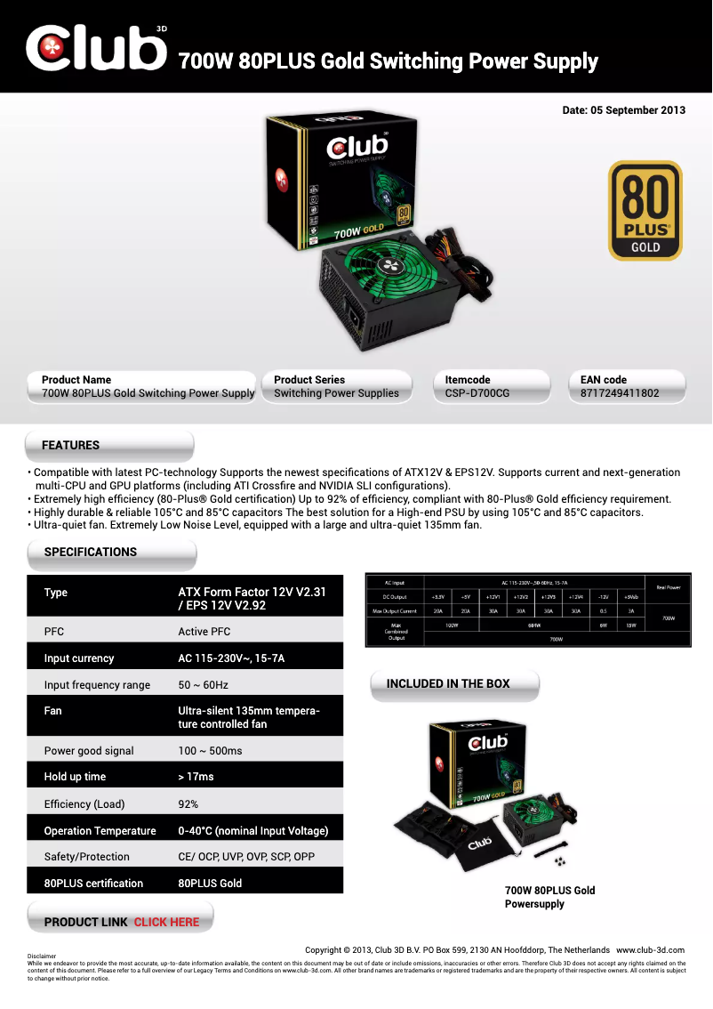 Page n°1 - Manuel utilisateur CLUB3D CSP-D700CG