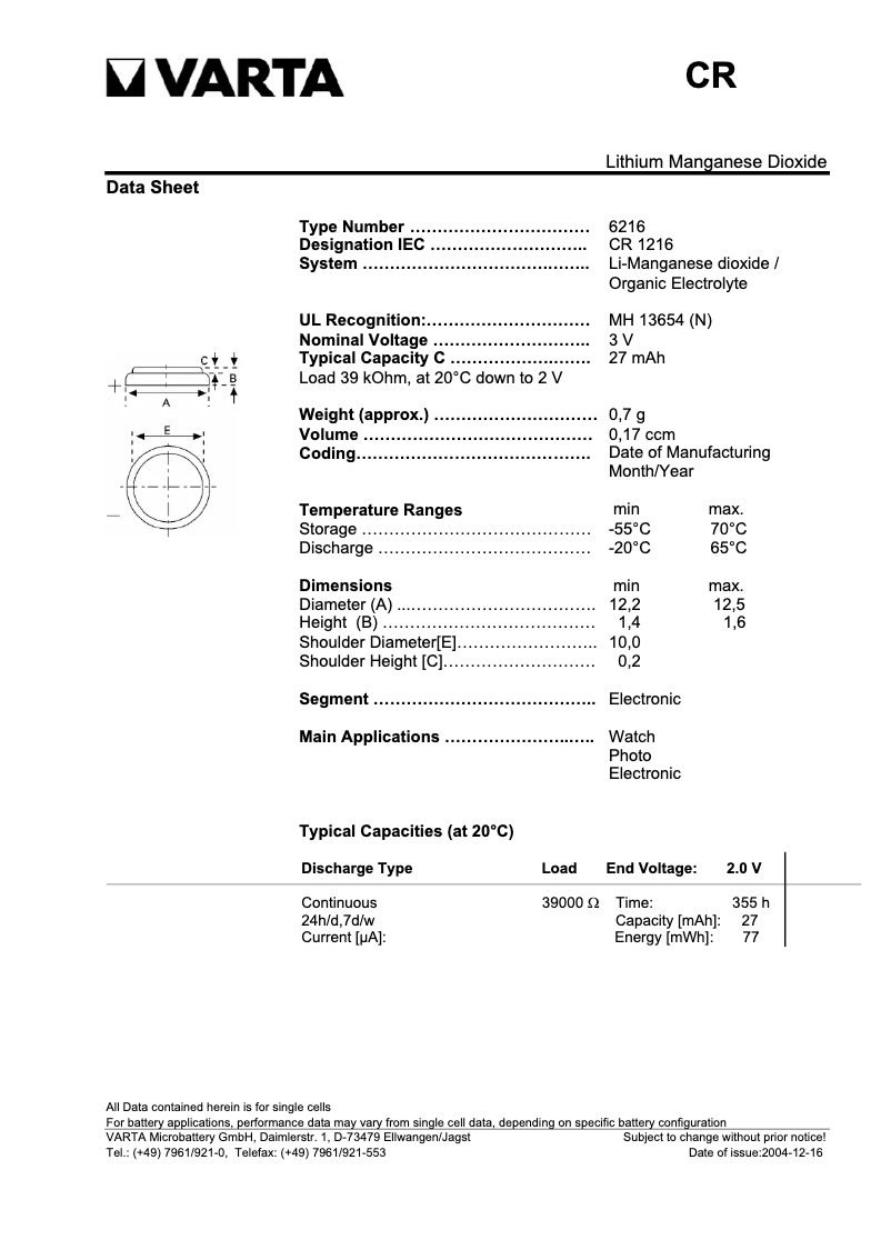Page 1 de la notice Manuel utilisateur Varta CR 1216 Primary Lithium Button