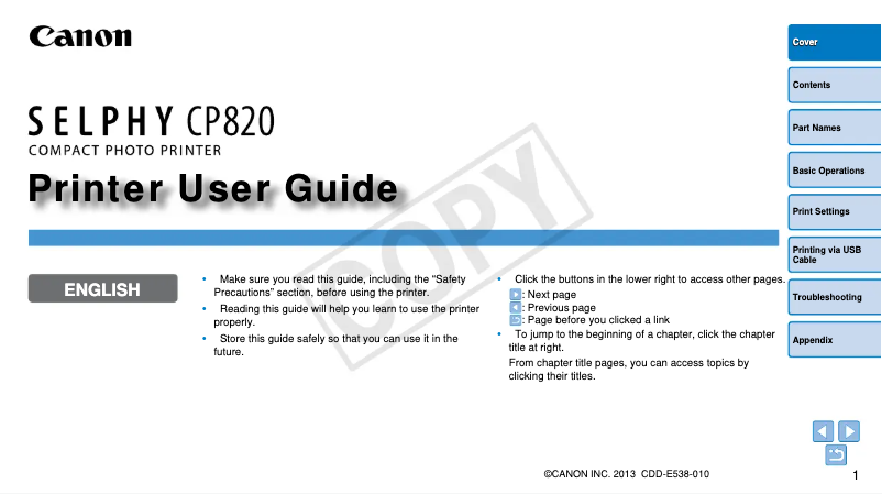 Page 1 de la notice Manuel utilisateur Canon Selphy CP820