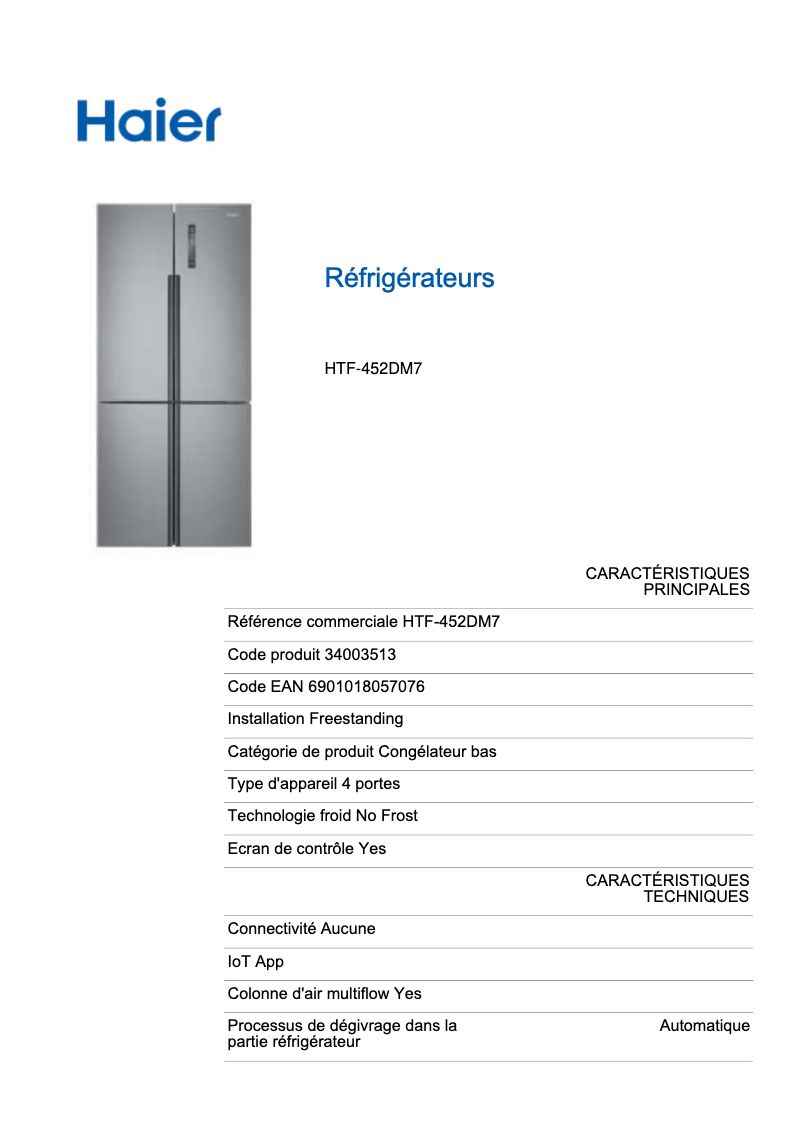 Page 1 de la notice Fiche technique Haier HTF-452DM7