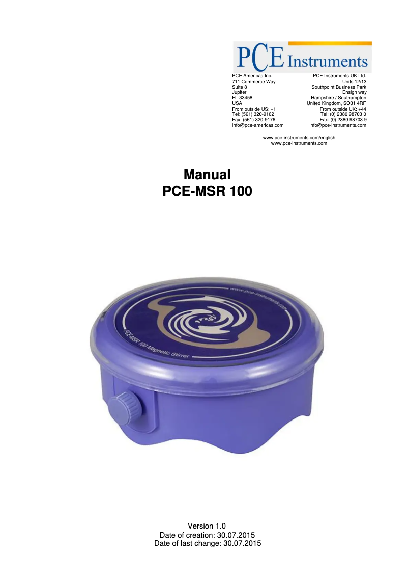 Image de la première page du manuel de l'appareil PCE-MSR 100