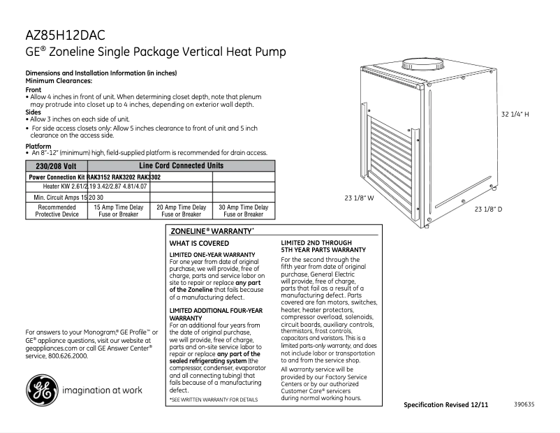 Page n°1 - Fiche technique GE AZ85H12DAC