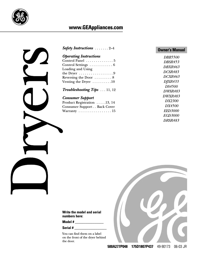 Page 1 de la notice Manuel d'utilisation et d'entretien GE EGD3000BWW