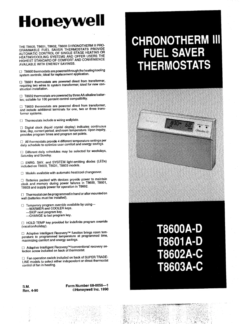 Page n°1 - Manuel utilisateur Honeywell Chronothem III T8601B